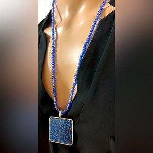Handmade Blue Glass Beaded Necklace with Blue Resin/Metal Floral Pendant